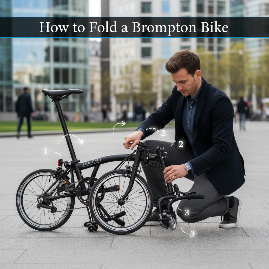Person folds Brompton bike in city with arrows highlighting steps; guide title displayed at the top.