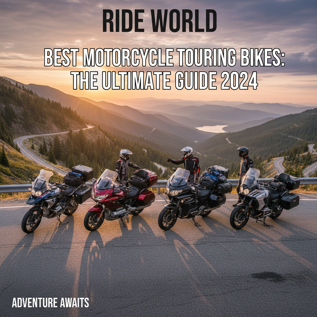 alt_text Touring motorcycles on a mountain road at sunrise with riders; scenic views; "Best Touring Bikes 2024"