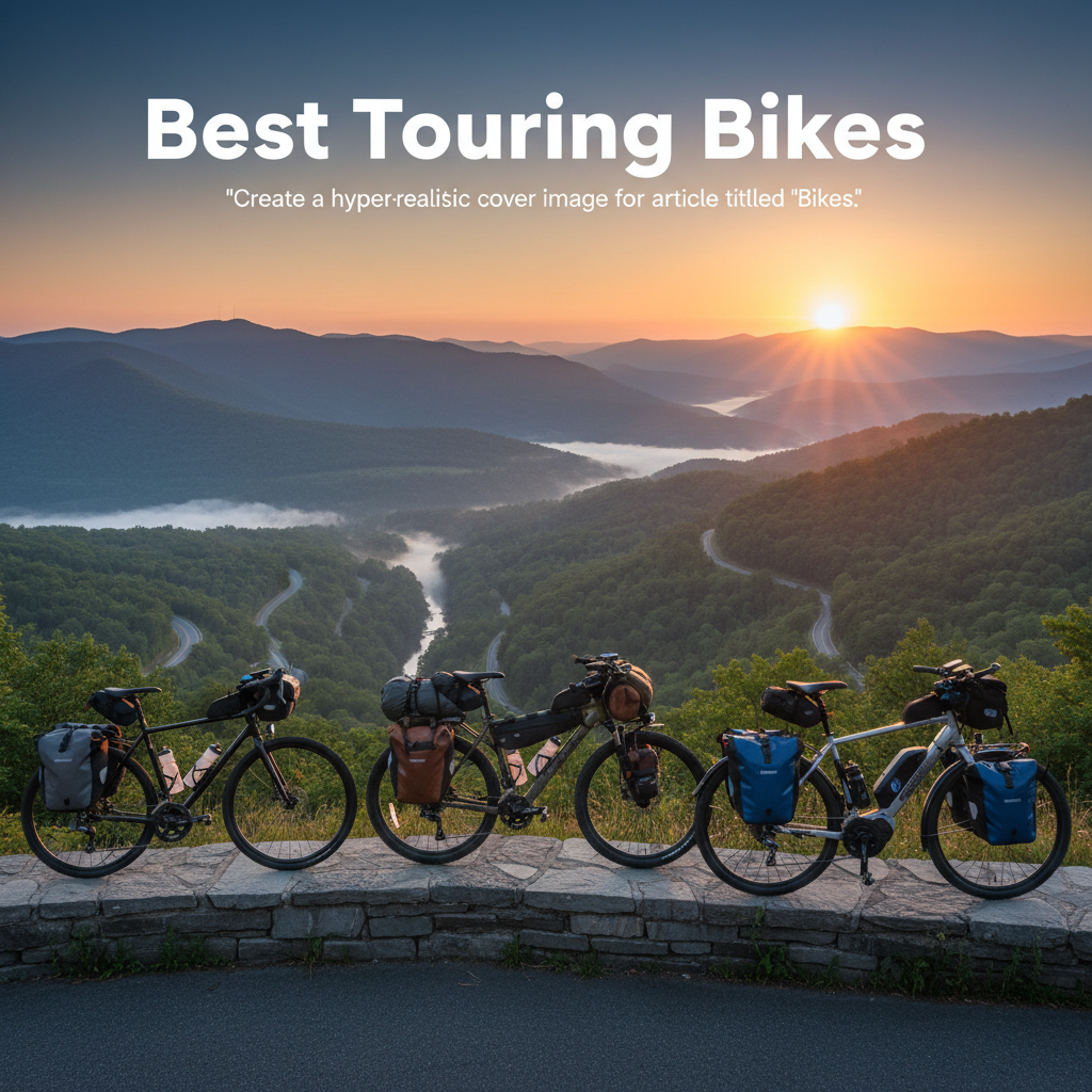 alt_text Three equipped touring bikes—road, adventure, electric—overlook a stunning mountain sunrise landscape.