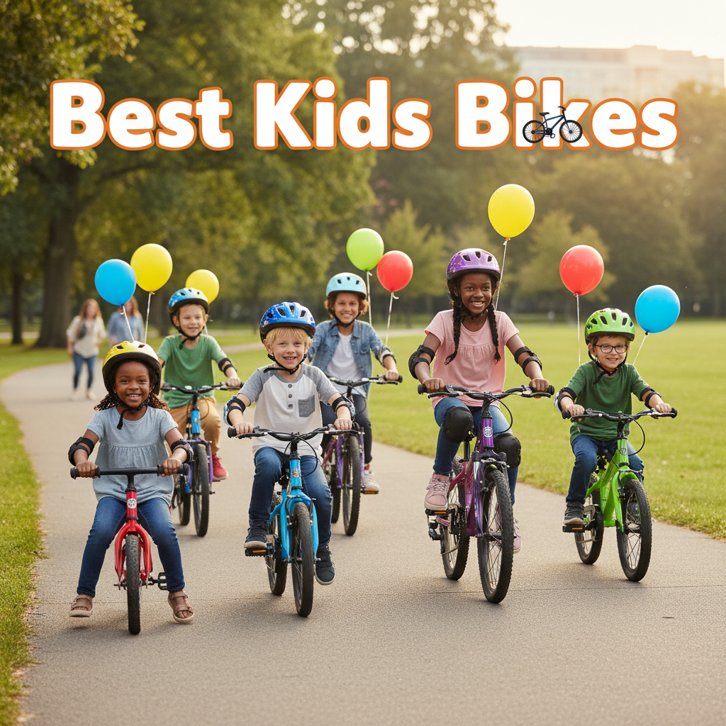 Best Kids Bikes: Happy kids of all backgrounds riding colorful bikes with safety gear in a sunny park.
