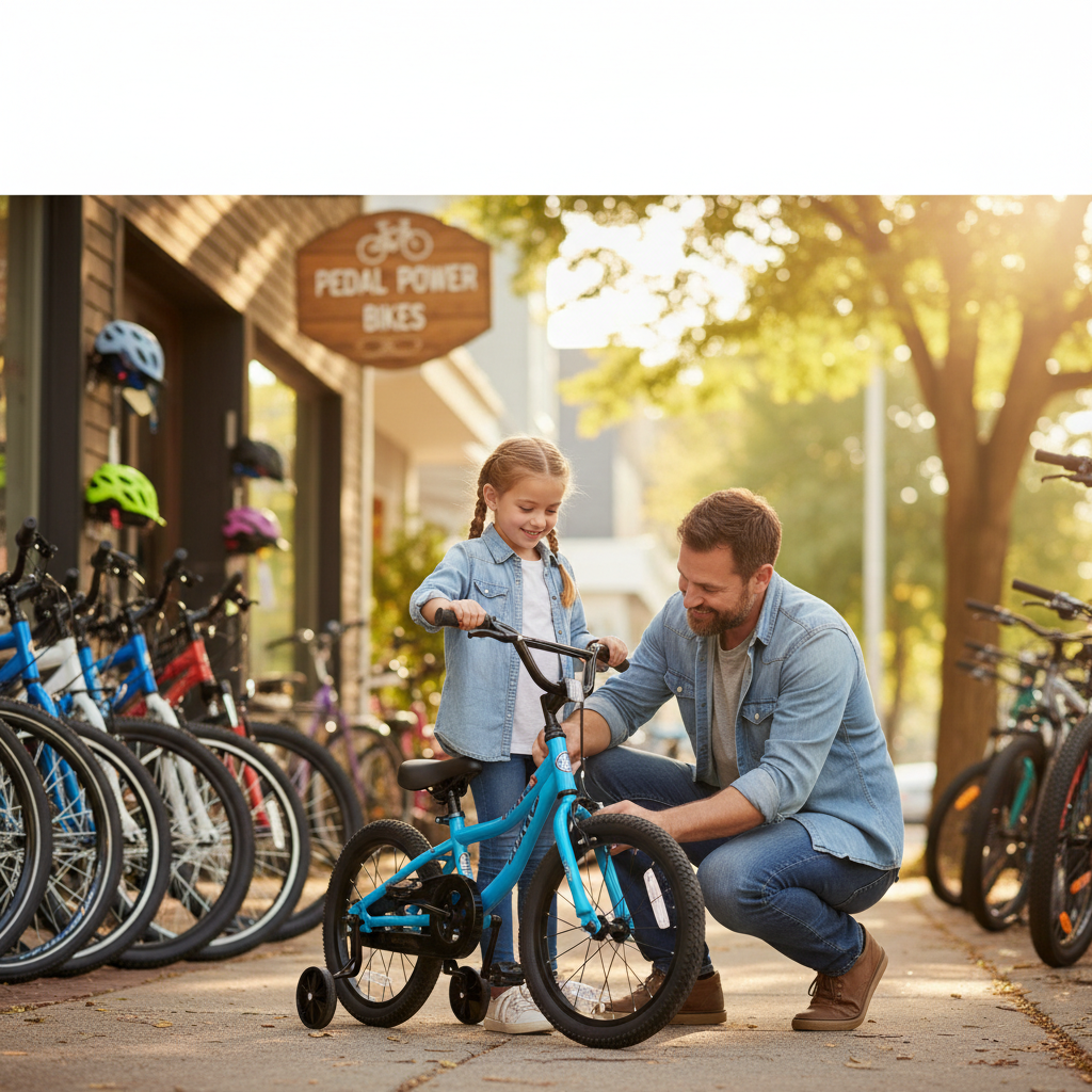 Parent measures child for bike size, ensuring a safe, comfortable fit in a sunny, friendly setting.