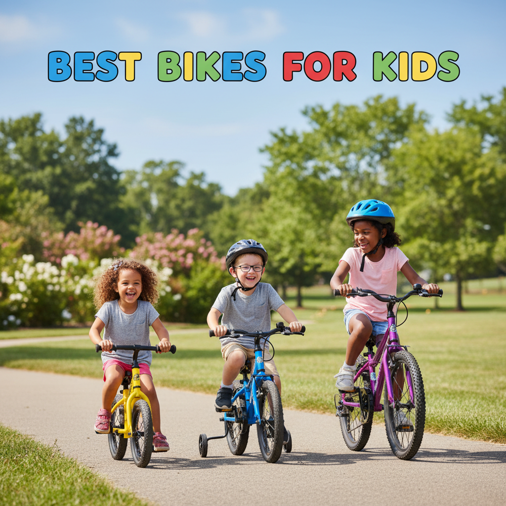 Best Bikes for Kids: Three happy kids ride colorful bikes in a sunny park under playful bold lettering.