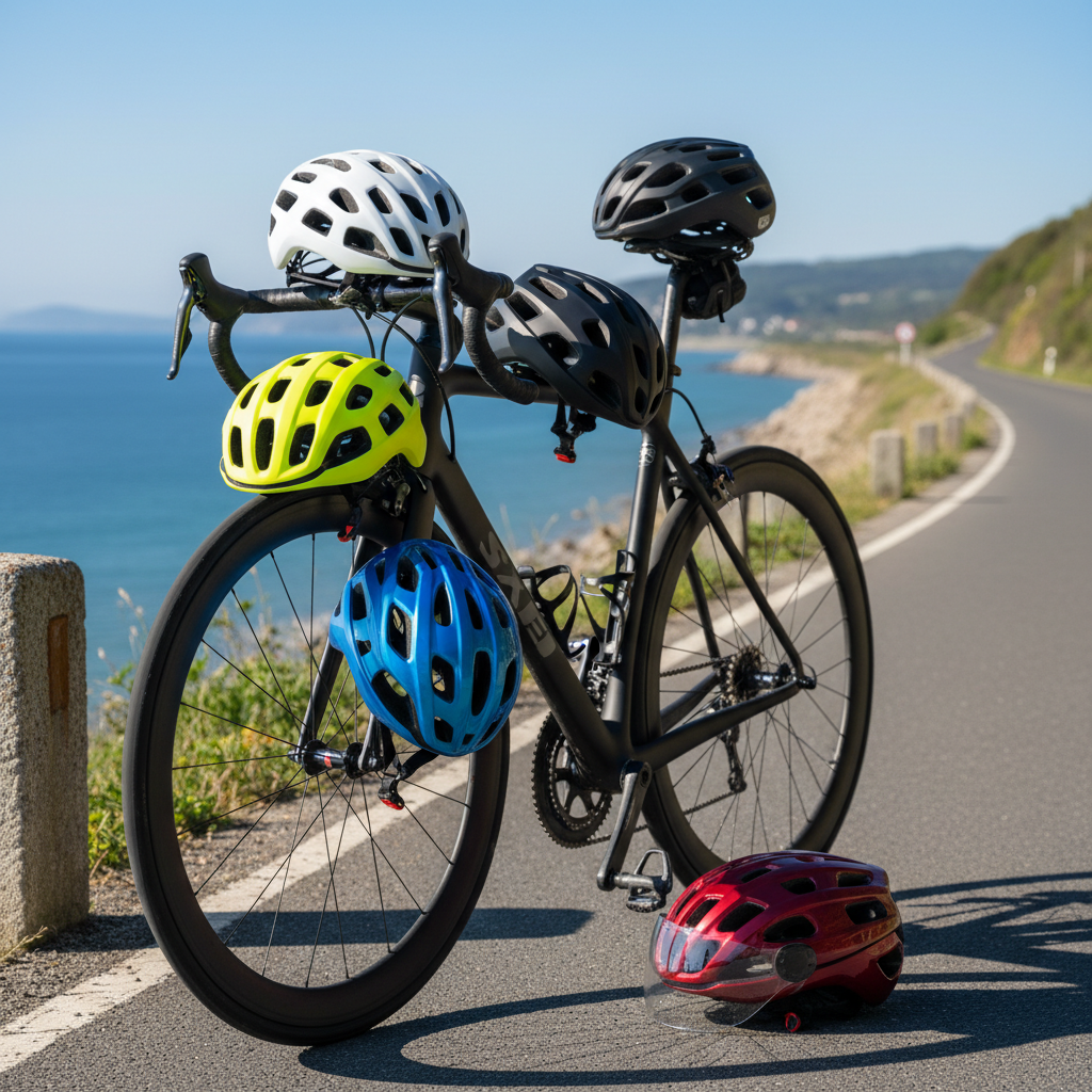 Modern road bike helmets in various styles and colors arranged on a sleek bike, highlighting safety features.