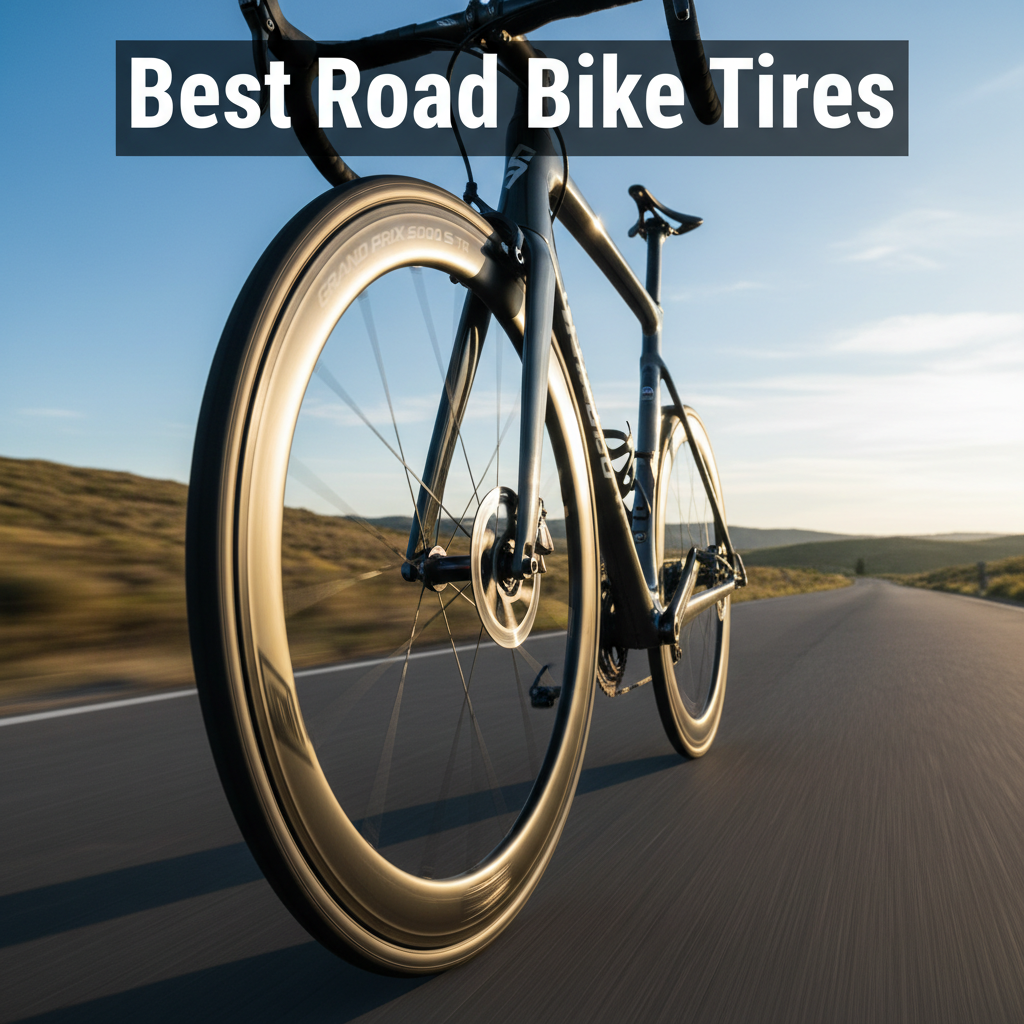 Best Road Bike Tires—close-up of a high-end tire on a fast bike, set against a scenic road landscape.