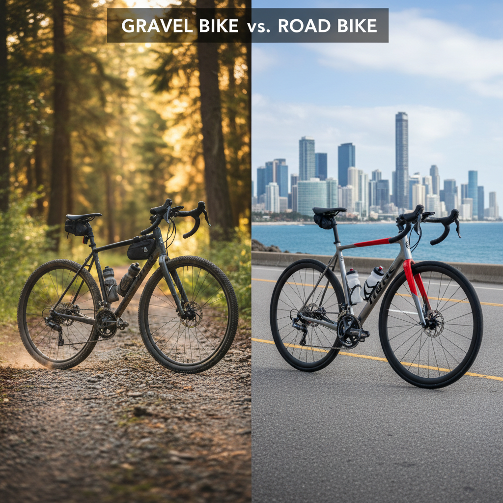 Gravel bike on rugged path vs road bike on smooth asphalt; highlighting adventure and bike differences.