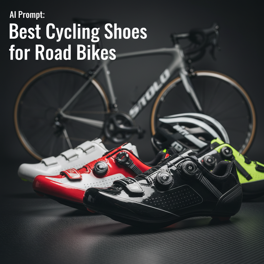 Close-up of stylish road cycling shoes with a blurred bike and helmet in the background.