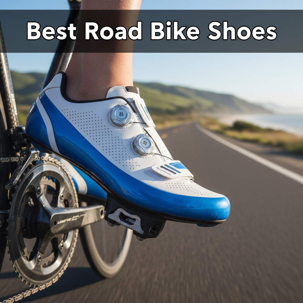 Best Road Bike Shoes: Sleek, high-end cycling shoes on pedals with scenic road background and bold headline