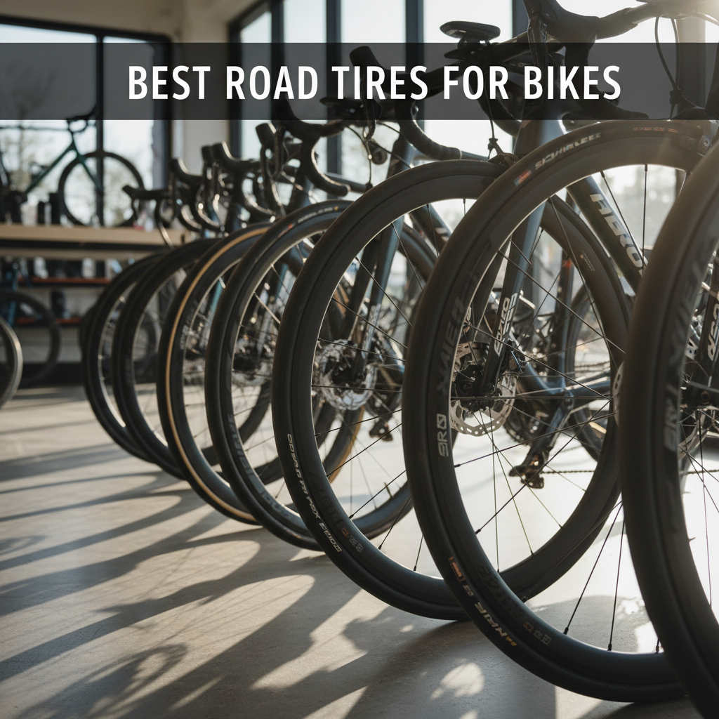 Close-up of premium road bike tires on modern bikes, highlighting tread, branding, and quality in sunlight.