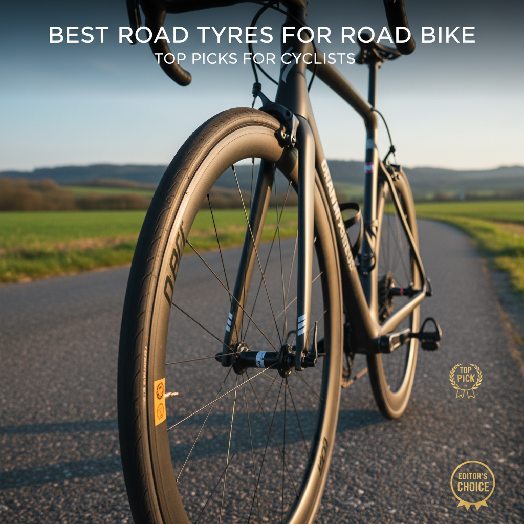 Close-up of premium road bike tyres on a sleek bike, highlighting tread detail and top picks for cyclists.