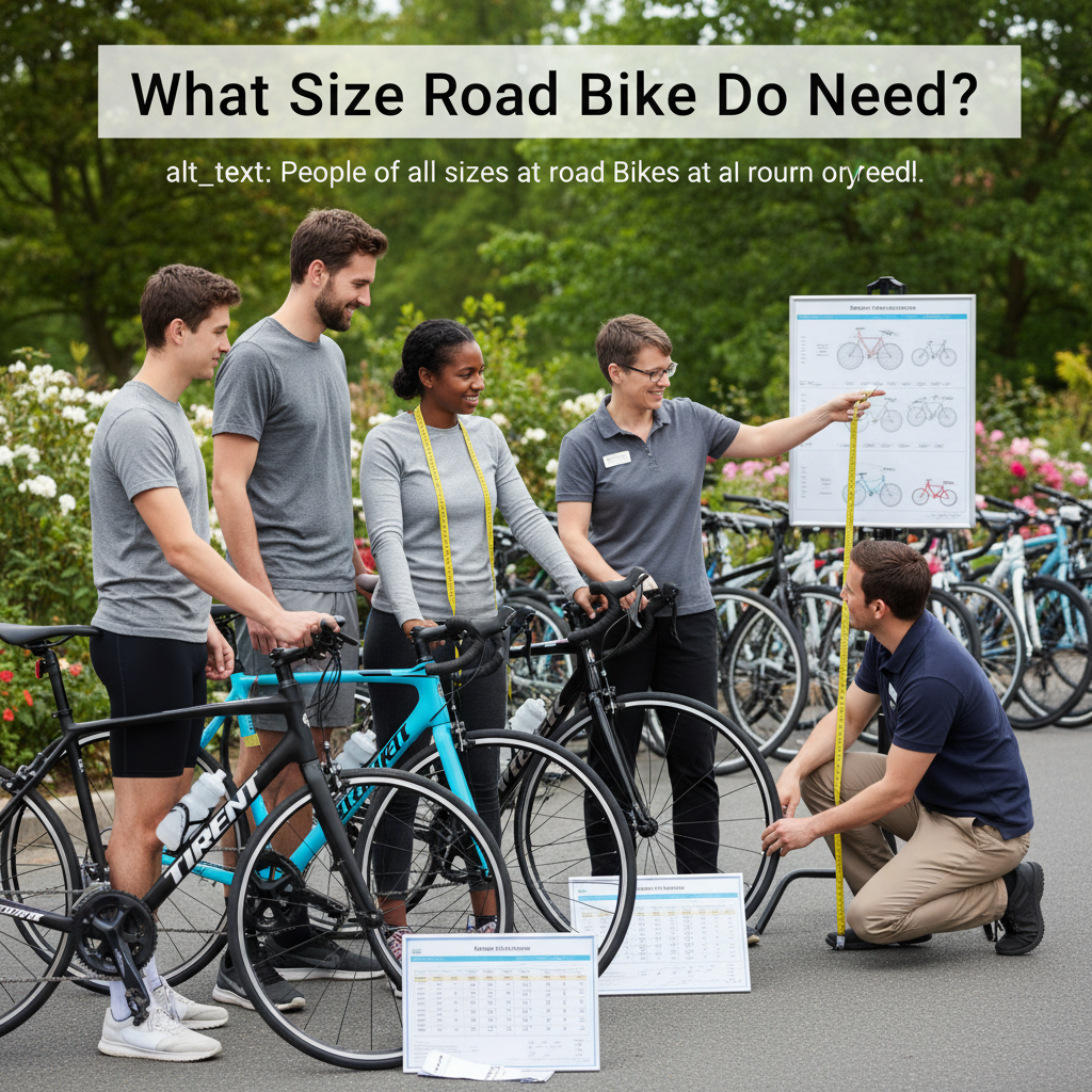 alt_text People of all sizes get fitted for road bikes at a shop, with sizing charts and friendly guidance shown.