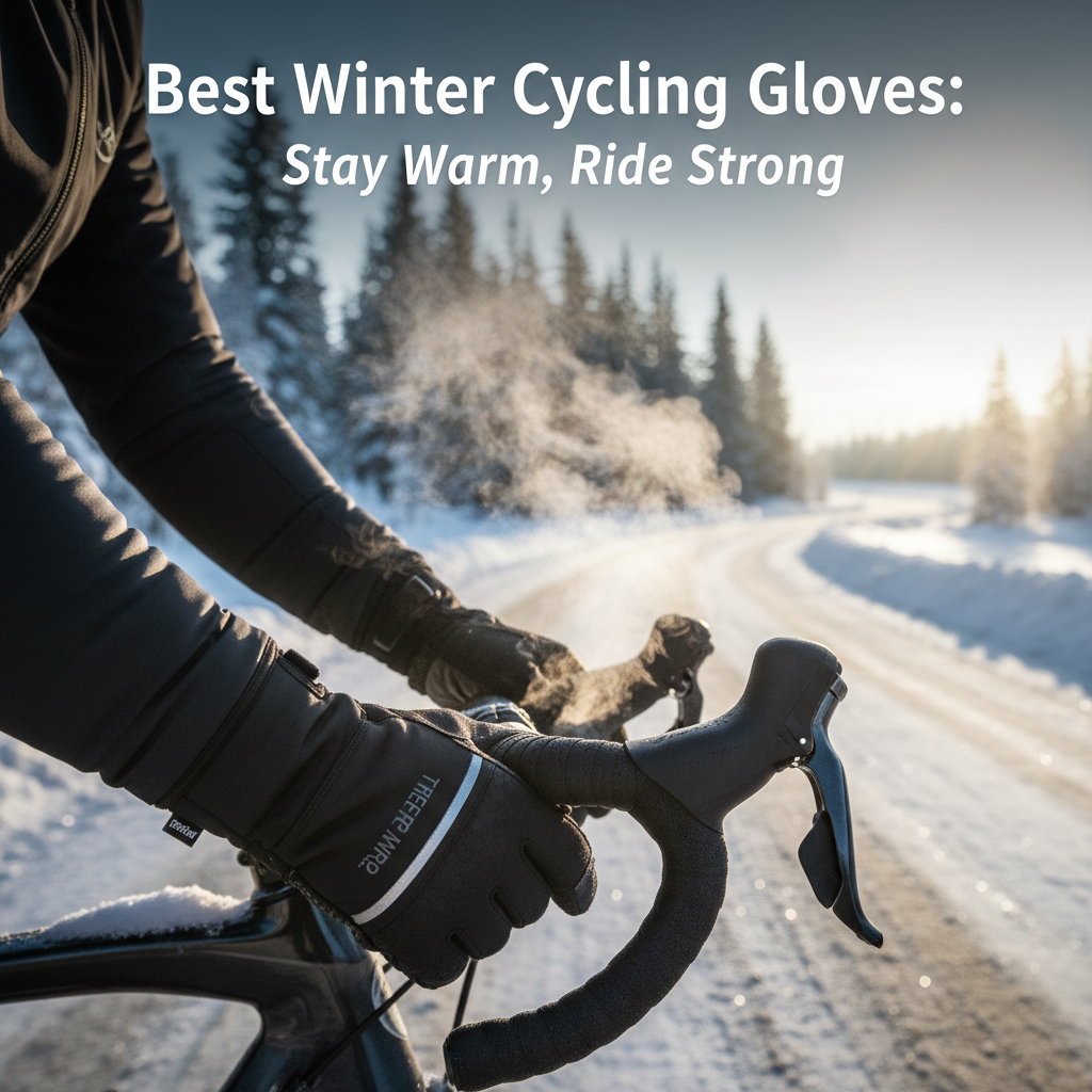 alt_text Close-up of gloved cyclist’s hands gripping handlebars on a snowy morning, highlighting winter glove features.