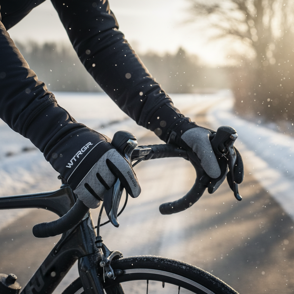 alt_text Close-up of gloved cyclist hands on handlebars, winter road ahead, highlighting warmth and style.
