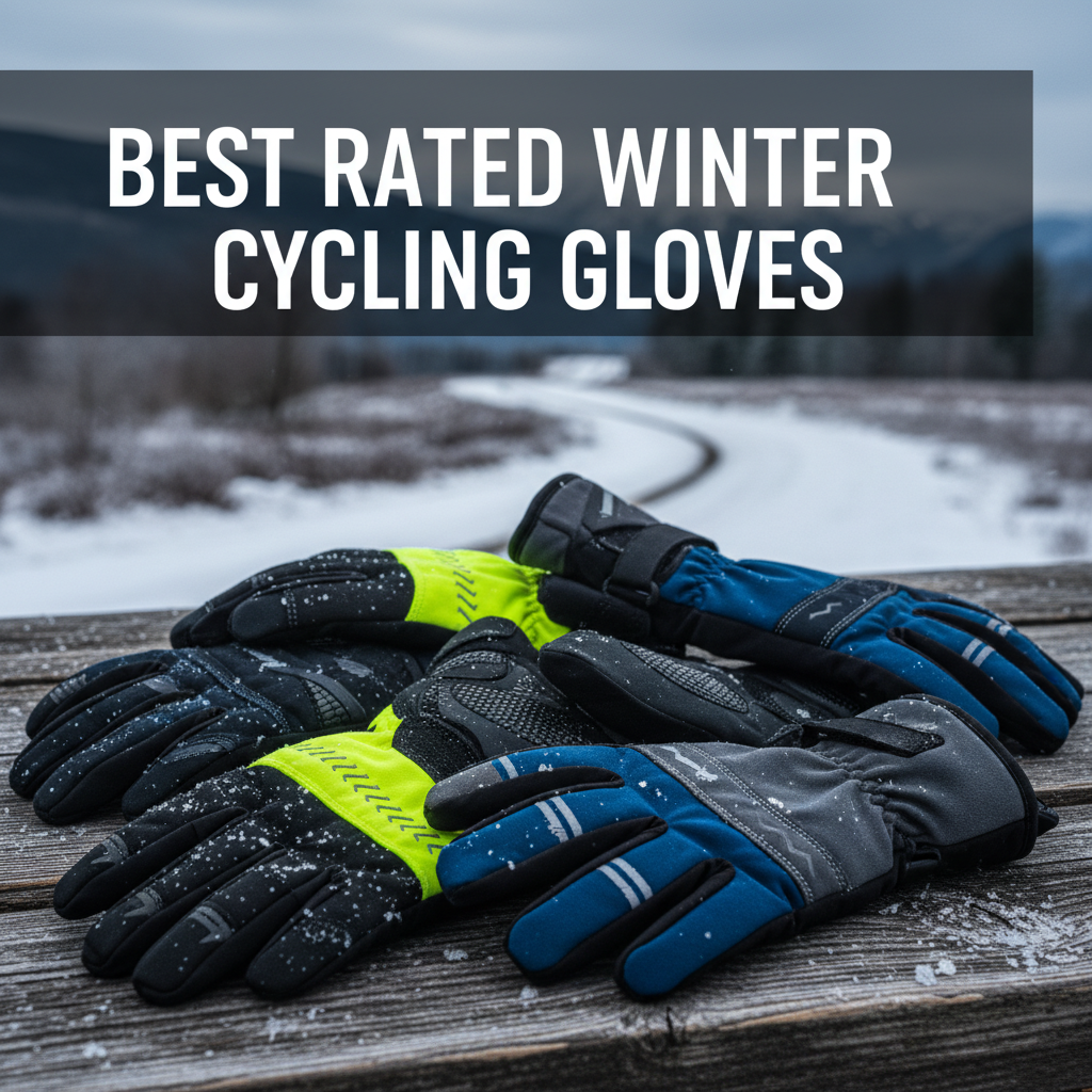 Best Rated Winter Cycling Gloves displayed on wood with snow, trail, and gloves in various styles.