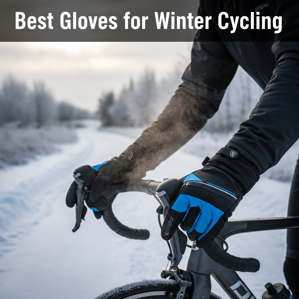 Cyclist's hands grip handlebars in warm, stylish winter gloves, with frosty breath and snowy background.