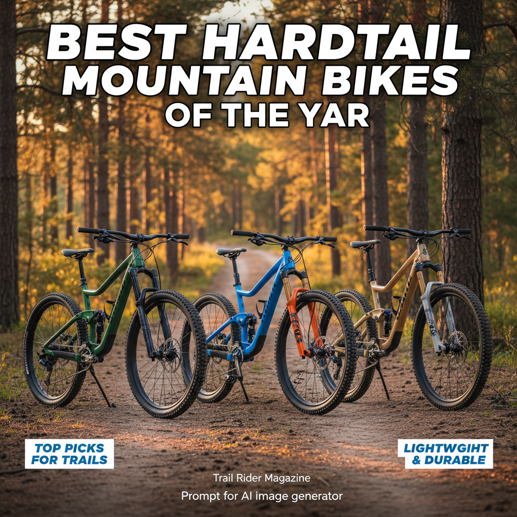 Three top hardtail mountain bikes lined up in a scenic forest, featured on a magazine cover.
