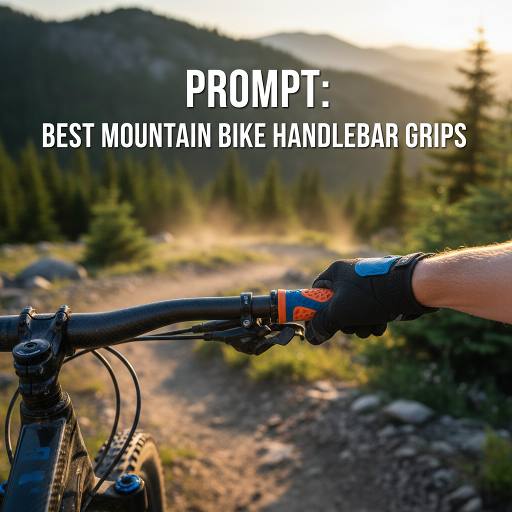 Hands gripping colorful mountain bike handlebars against a scenic sunrise trail, showcasing premium grips.