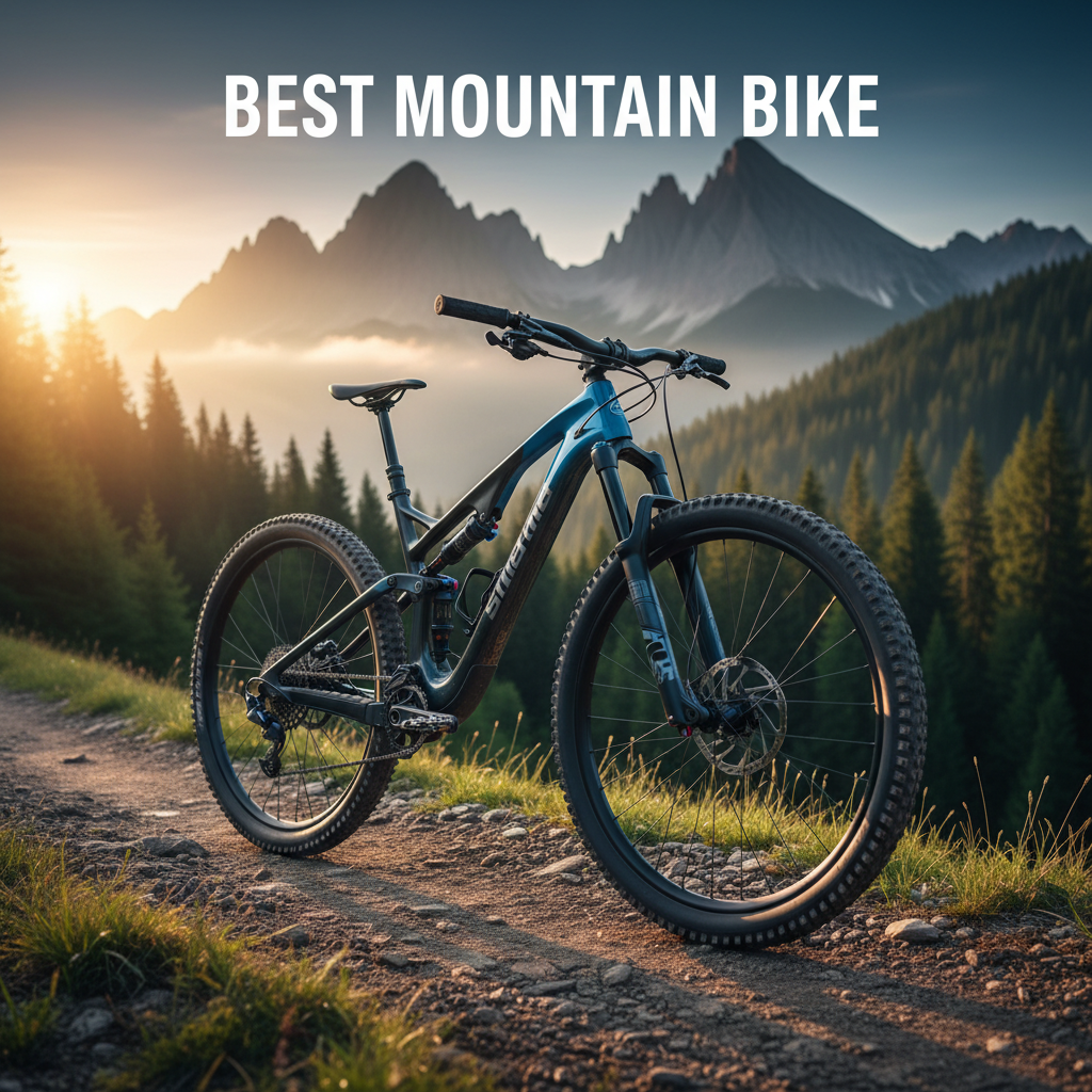 alt_text: High-end mountain bike on a rugged sunrise trail with dramatic mountains and lush forest backdrop.