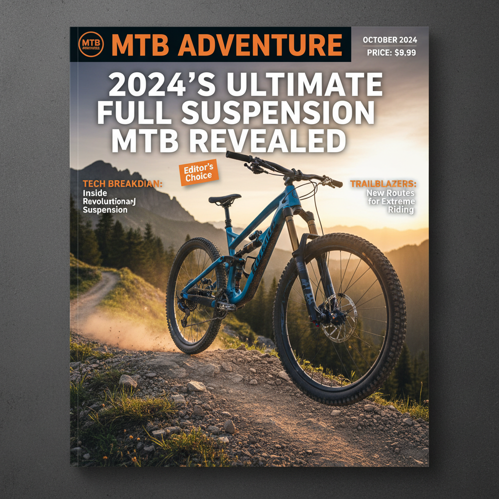 Cutting-edge full suspension mountain bike on a scenic trail, featured as 2024's top MTB magazine cover.