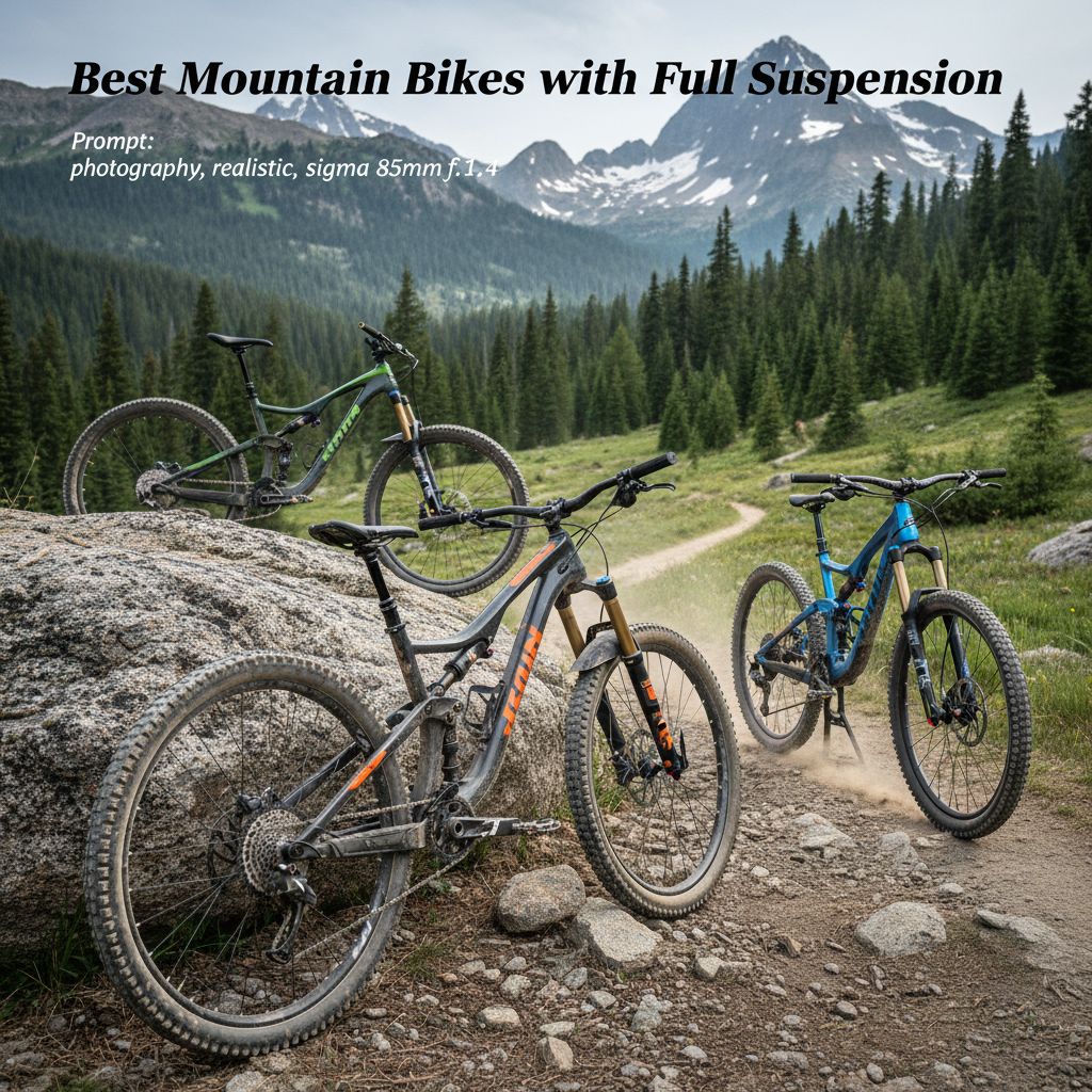 alt_text High-end full-suspension mountain bikes in a rugged, scenic landscape, ready for thrilling adventure.