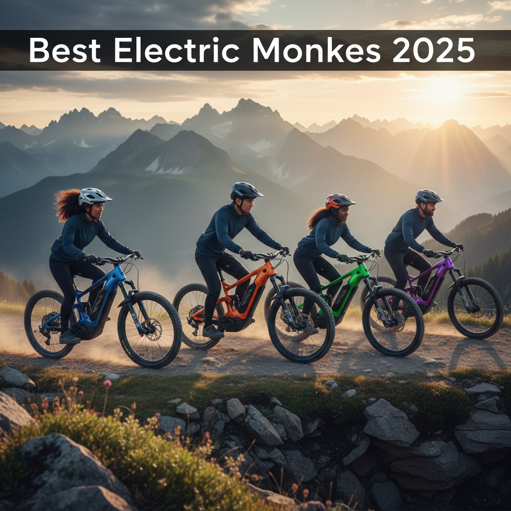 Best Electric Mountain Bikes 2025—diverse riders atop sleek e-bikes overlooking mountains at sunrise.