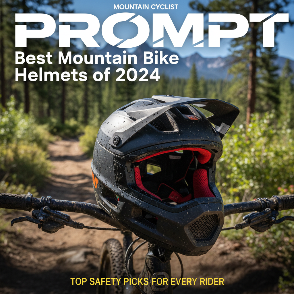 Close-up of a top-rated mountain bike helmet on handlebars, with scenic trails and magazine text overlays.