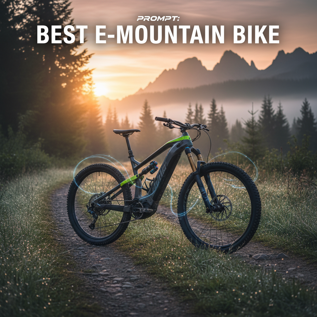 A sleek e-mountain bike on a dewy sunrise trail, electric energy lines highlighting its modern design.