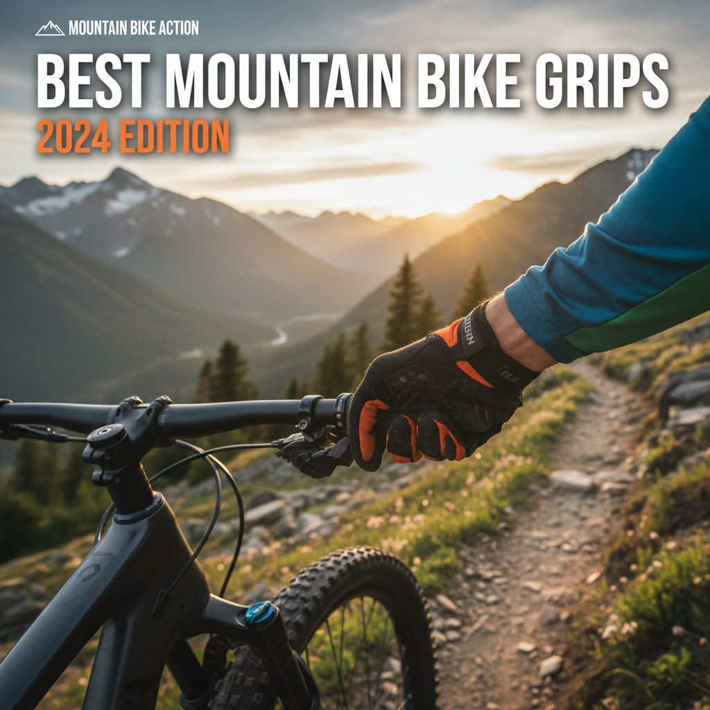 Best Mountain Bike Grips – rider's hand on premium grips, stunning mountain views, golden hour lighting.
