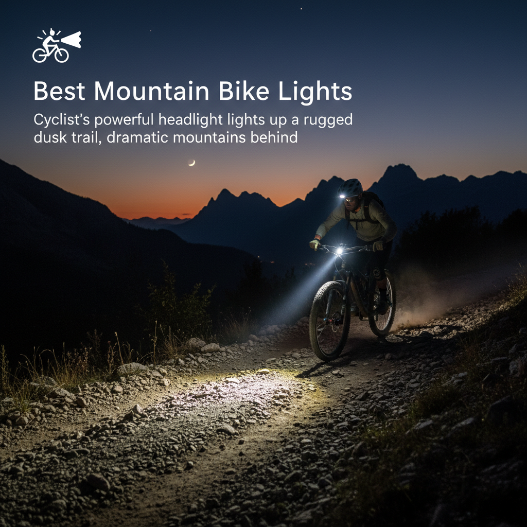 Best Mountain Bike Lights: Cyclist's powerful headlight lights up a rugged dusk trail, dramatic mountains behind.