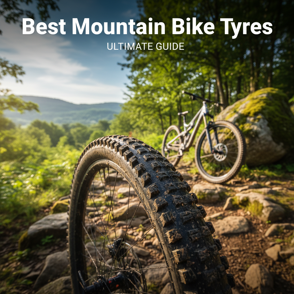 Best Mountain Bike Tyres cover showing a muddy tyre on a rocky trail in a sunlit forest setting.