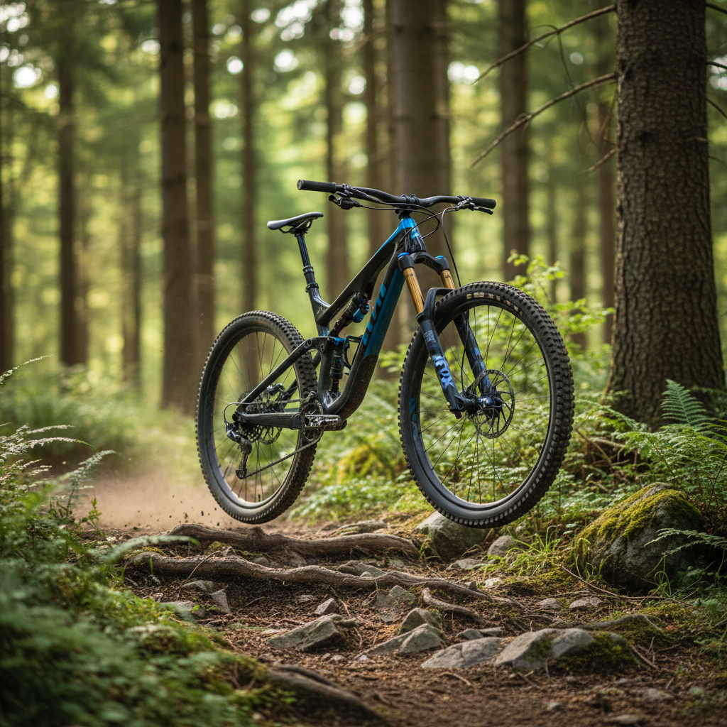 Top-tier full suspension mountain bike riding a rugged forest trail, showcasing performance and adventure.