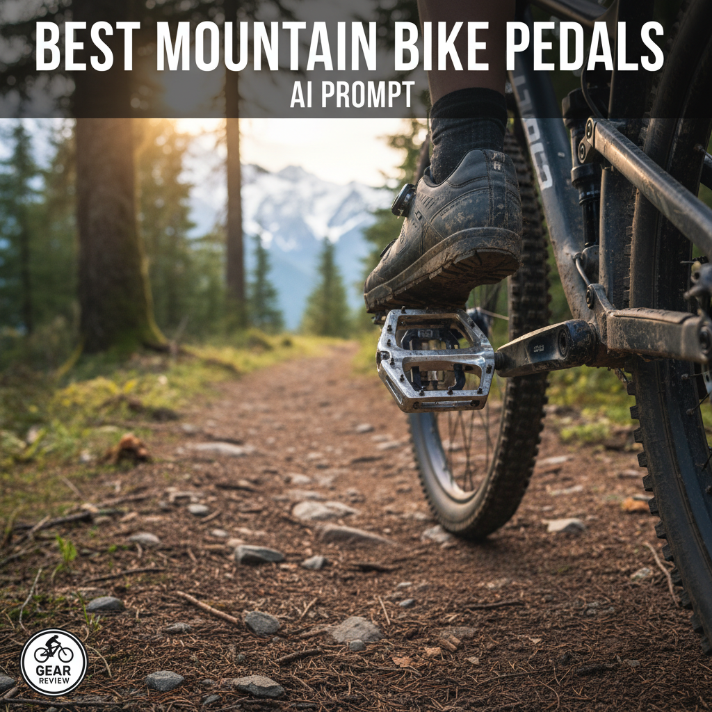 Close-up of new mountain bike pedals on a rugged trail, highlighting gear details and adventure setting.