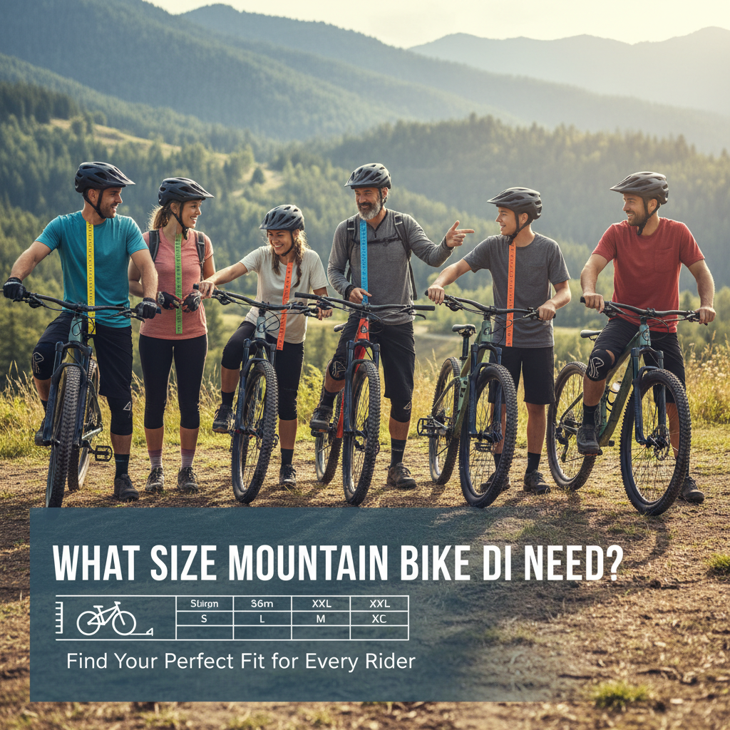 alt_text Cyclists of all sizes stand by mountain bikes with size markers, ready to find the perfect bike fit.