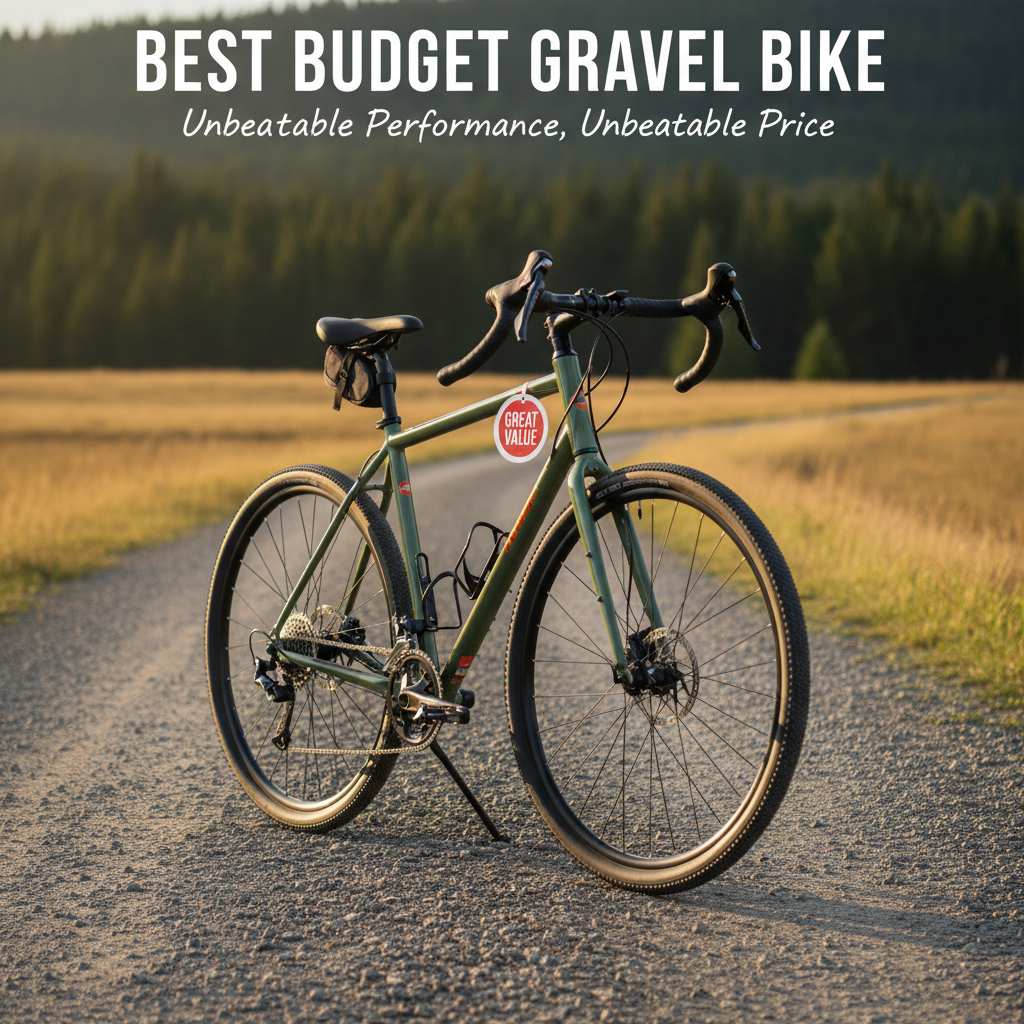alt_text A modern budget gravel bike on a scenic trail, labeled "Great Value," ideal for casual riders.