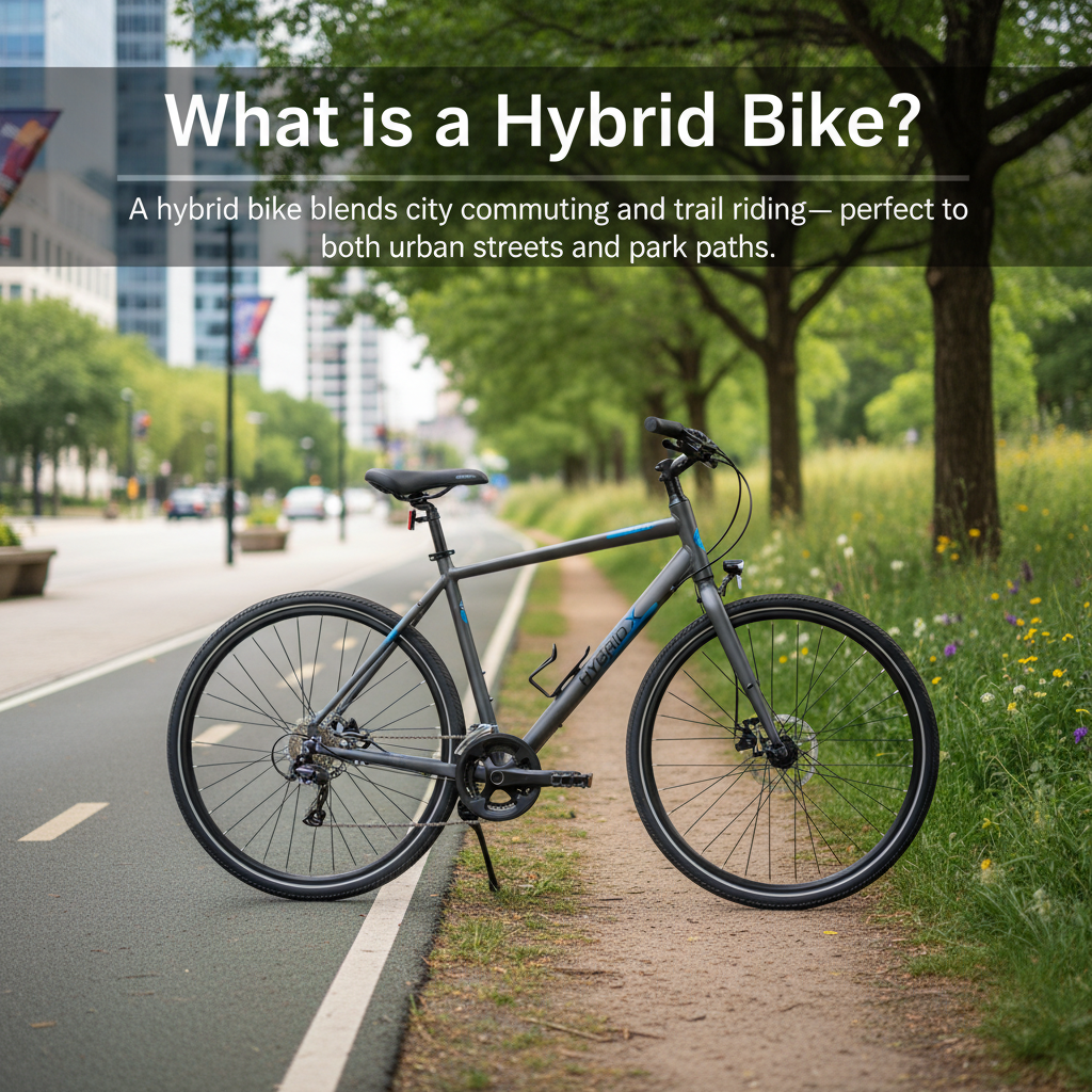 A hybrid bike blends city commuting and trail riding—perfect for both urban streets and park paths.