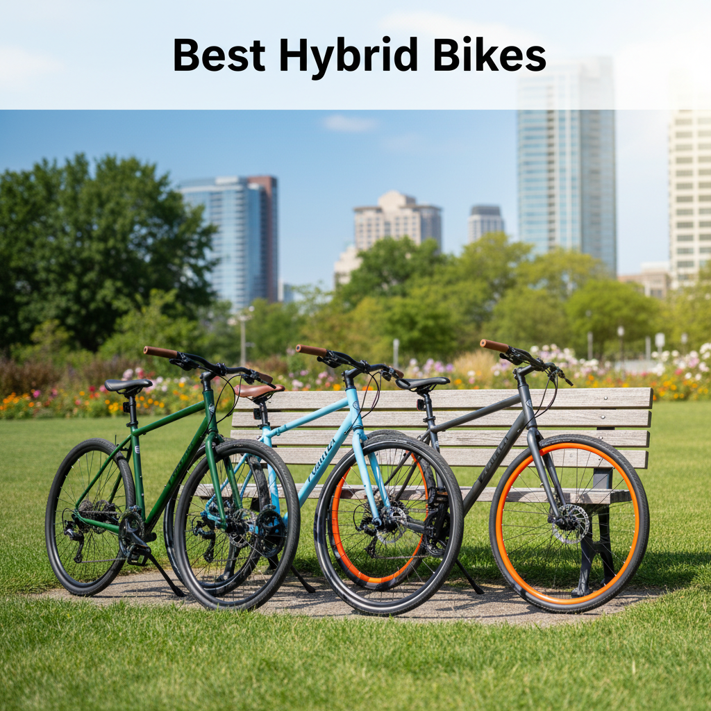 Modern hybrid bikes by a park bench, city skyline and greenery behind, for "Best Hybrid Bikes" article