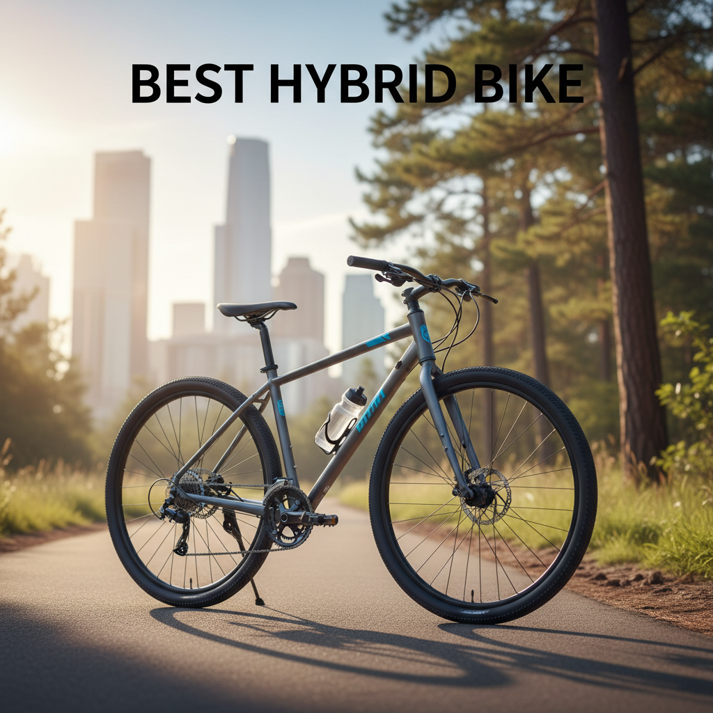 Premium hybrid bike on a sunlit path bridging cityscape and nature, highlighting urban and trail versatility.