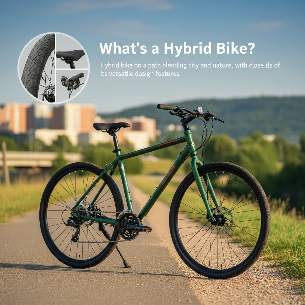 alt_text Hybrid bike on a path blending city and nature, with close-up details of its versatile design features.