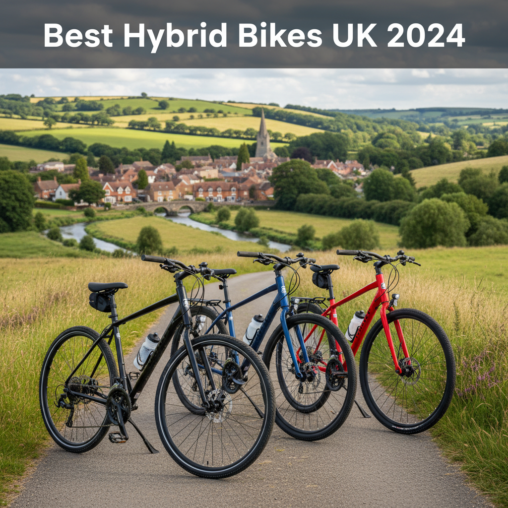 Best Hybrid Bikes UK 2024: Three stylish bikes on a scenic British countryside path with village views.