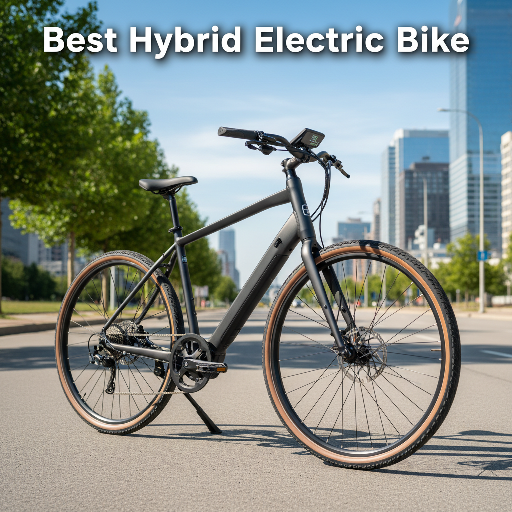 Best Hybrid Electric Bike: Sleek, modern e-bike on a city street with greenery and skyline in view.