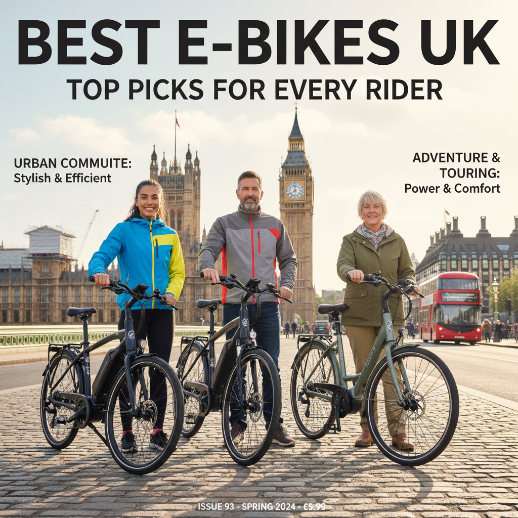 Diverse riders showcase top UK e-bikes on a London street with Big Ben and London Eye in the background.