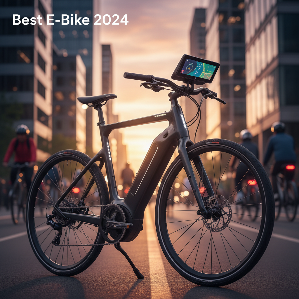 Sleek e-bike takes center stage at sunset with city backdrop, highlighting innovation and e-mobility.