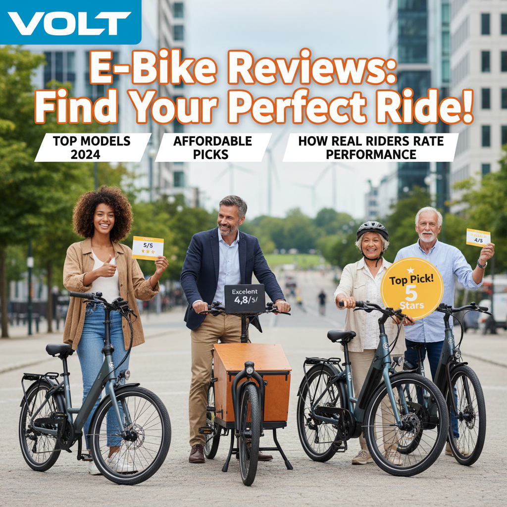 Diverse riders review e-bikes in a city, highlighting top models and real user ratings on a magazine cover.