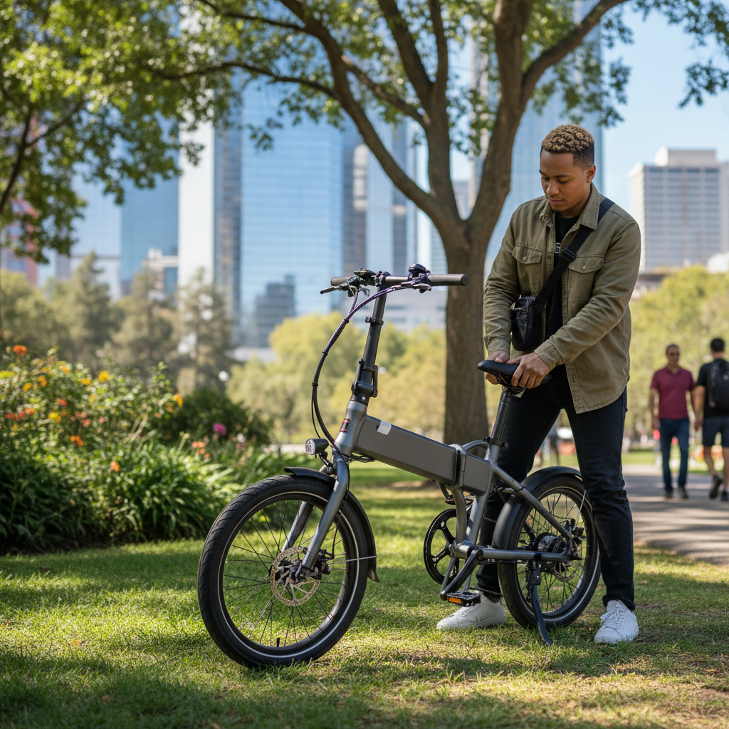 A modern folding e-bike being folded by a stylish rider in a vibrant, green city park setting.